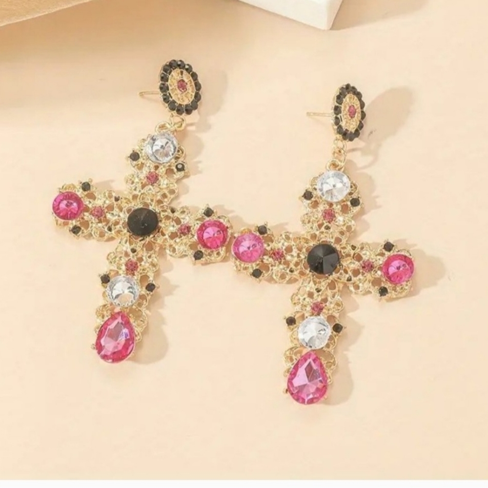 Black Rhinestones Cross Dangle Earrings - Picture 2 of 3
